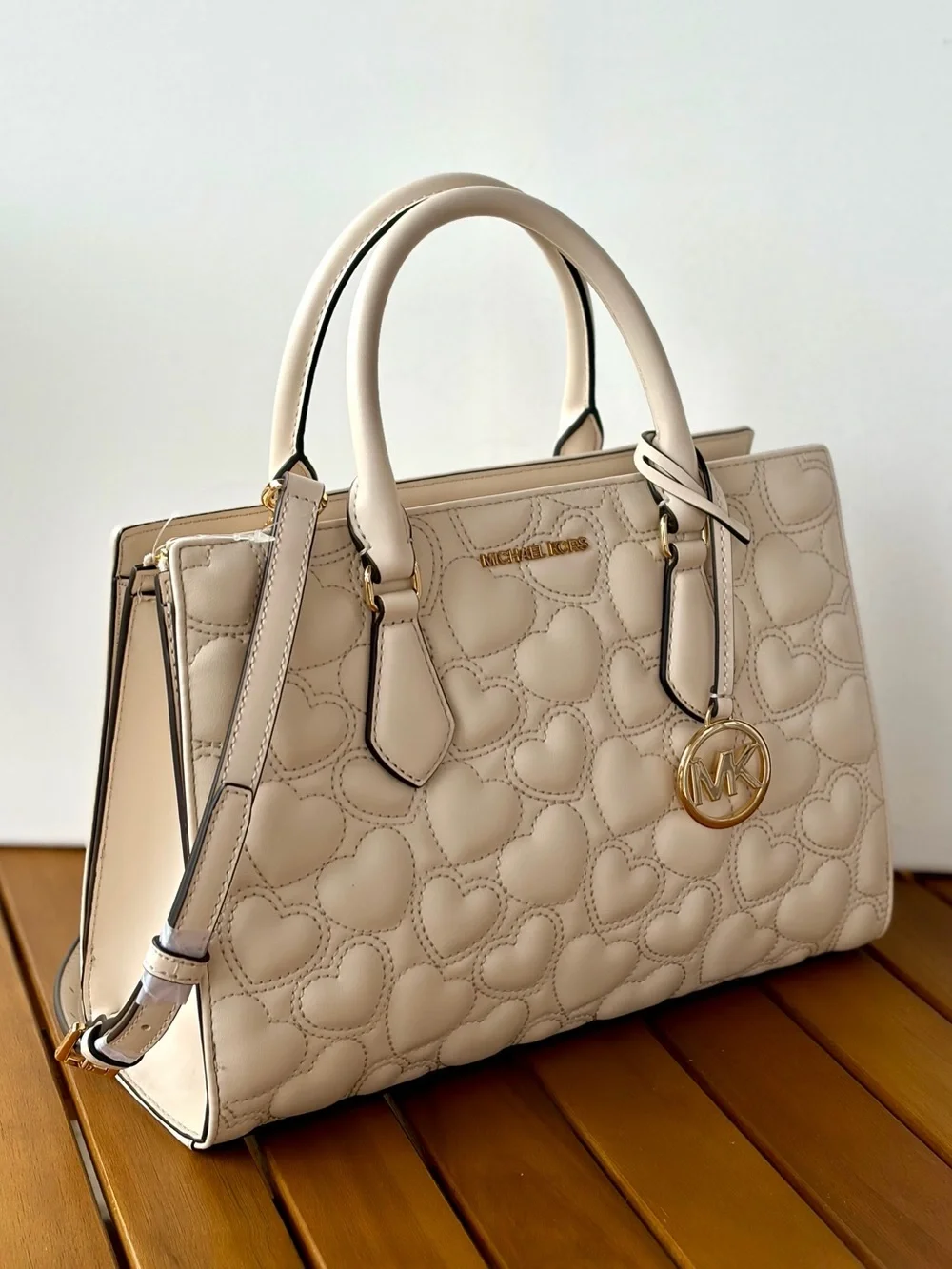 Michael Kors Cream Quilted Heart Satchel with Gold MK Charm